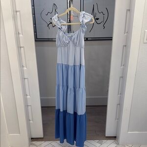 English Factory White and Blue Off the Shoulder Maxi Sundress